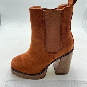 Brown Platform Chunky Heel Ankle Boot Square Toe Faux Suede Combat Boot